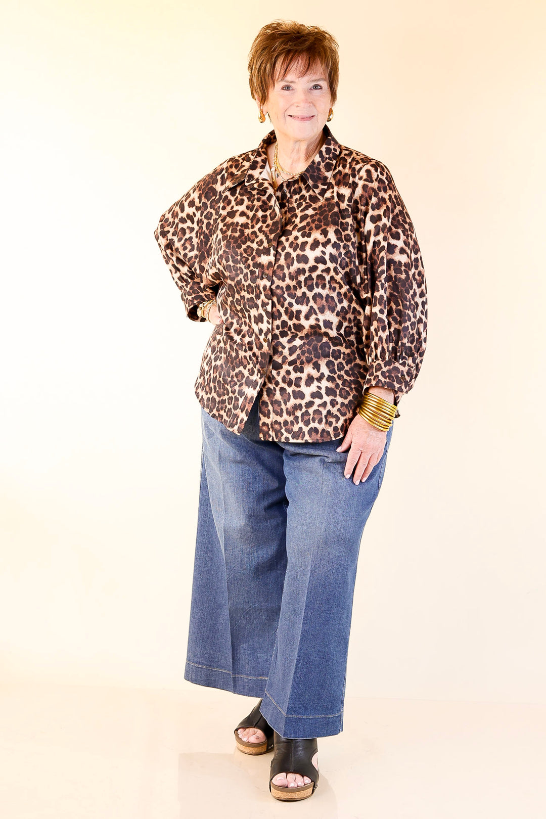 Spotted and Sweet Long Sleeve Button Up Blouse in Cheetah Print