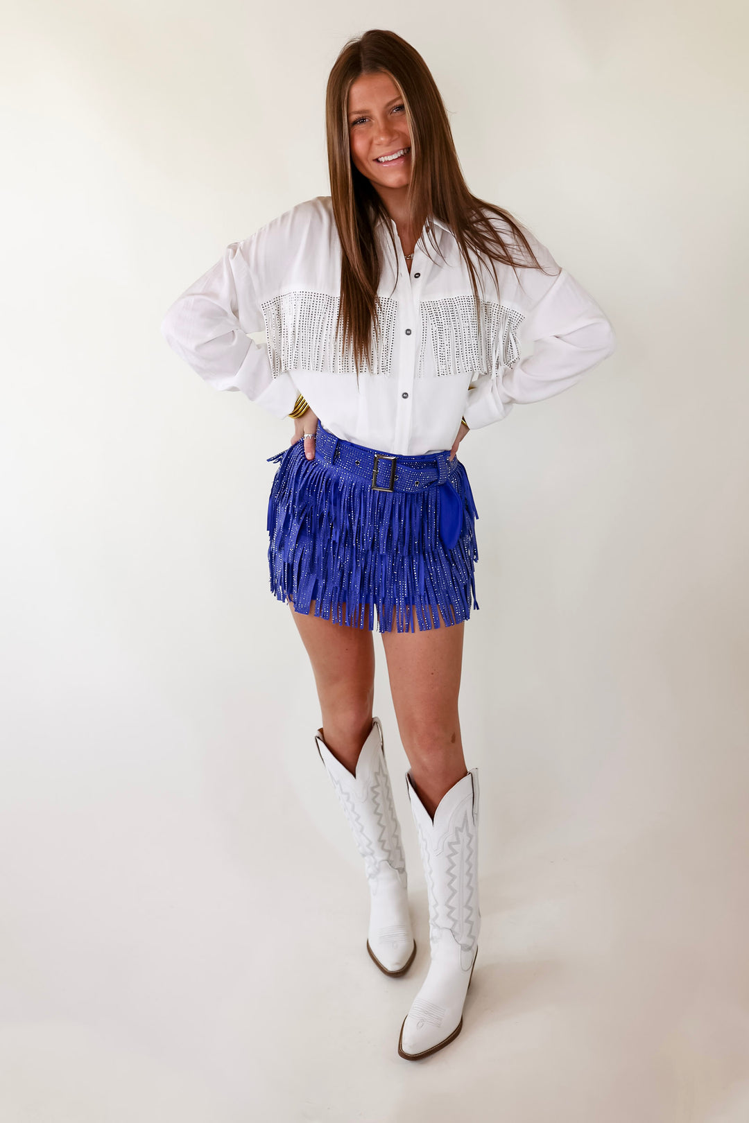Cowboy Killer Crystal Fringe Mini Skort in Royal blue - Giddy Up Glamour Boutique