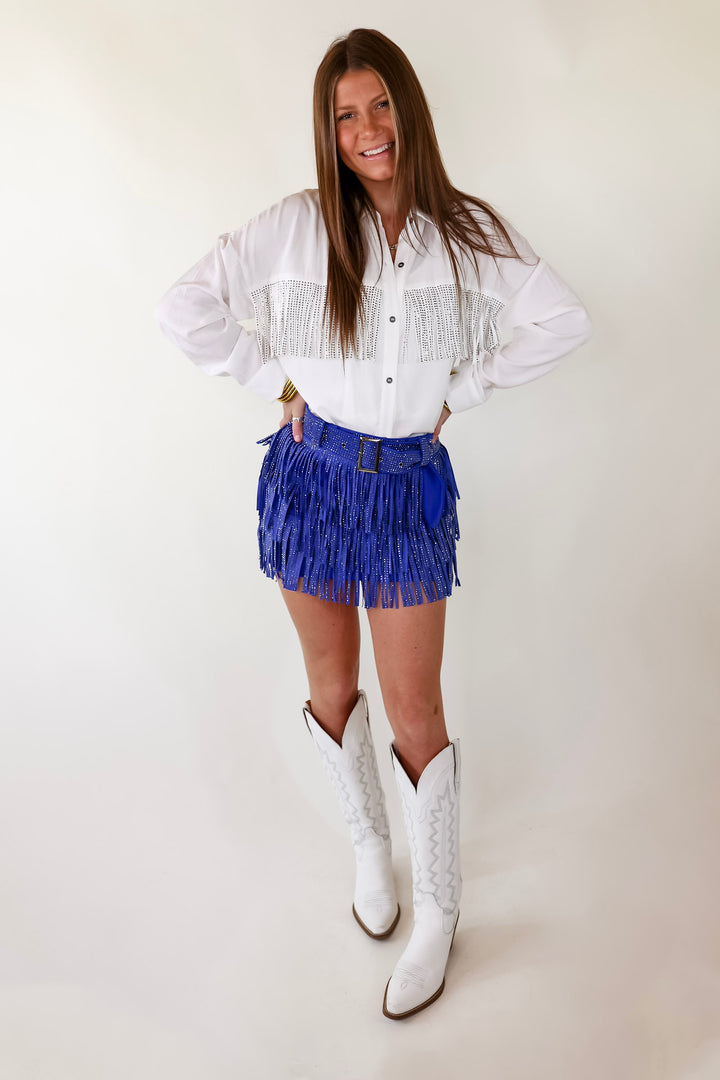 Cowboy Killer Crystal Fringe Mini Skort in Royal blue - Giddy Up Glamour Boutique