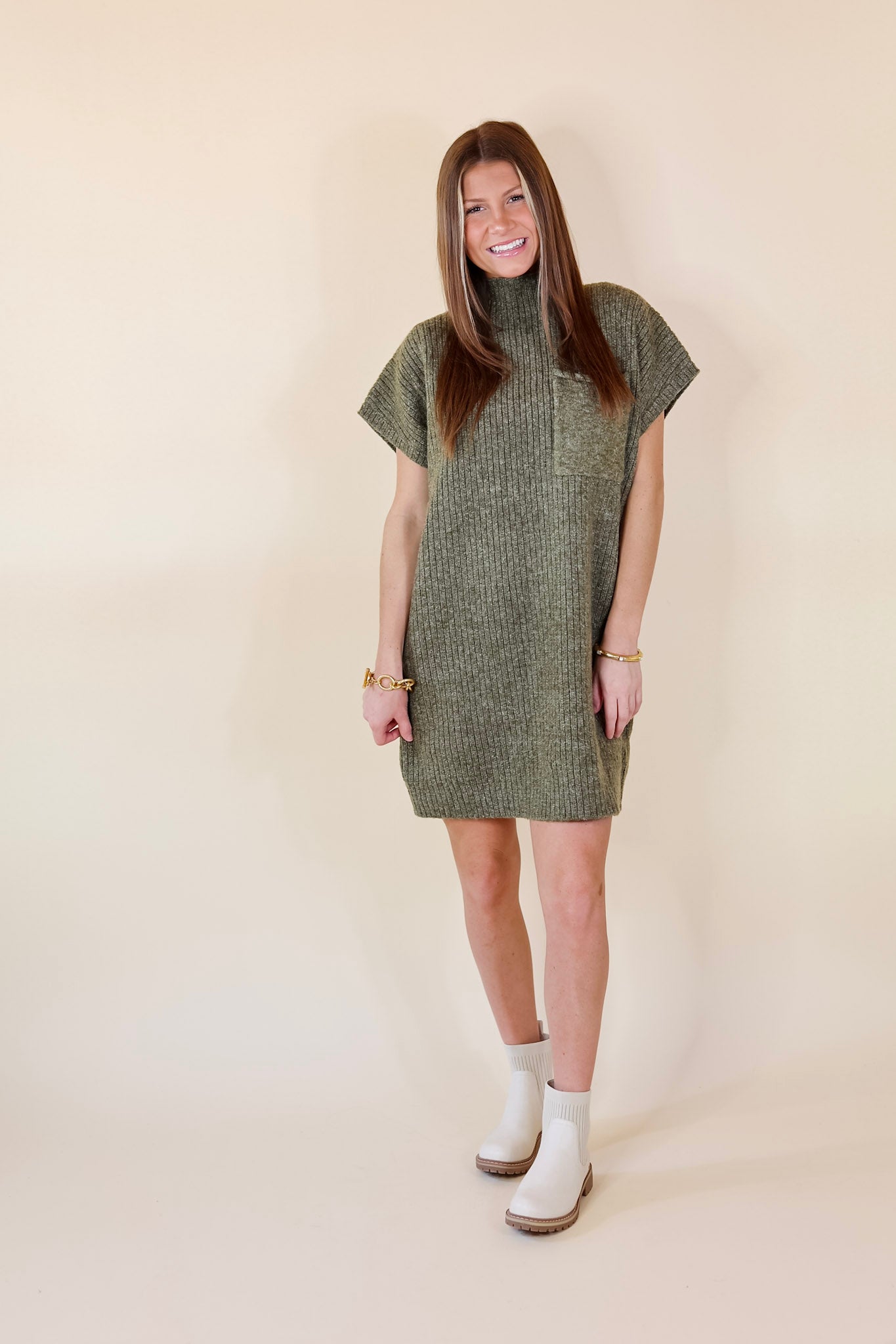City Sights Cap Sleeve Sweater Dress in Olive Green