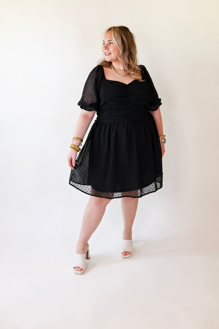Favorite Adventure Swiss Dot Dress with Short Balloon Sleeves in Black - Giddy Up Glamour Boutique