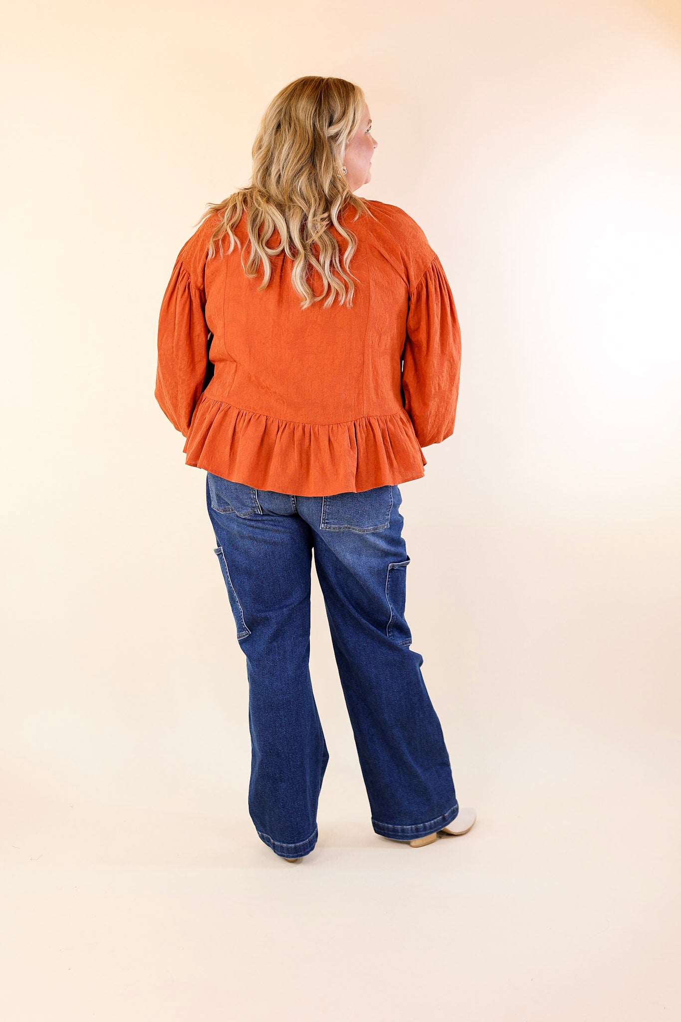 Free Fallin' Textured Long Sleeve Peplum Top with Keyhole Front in Orange