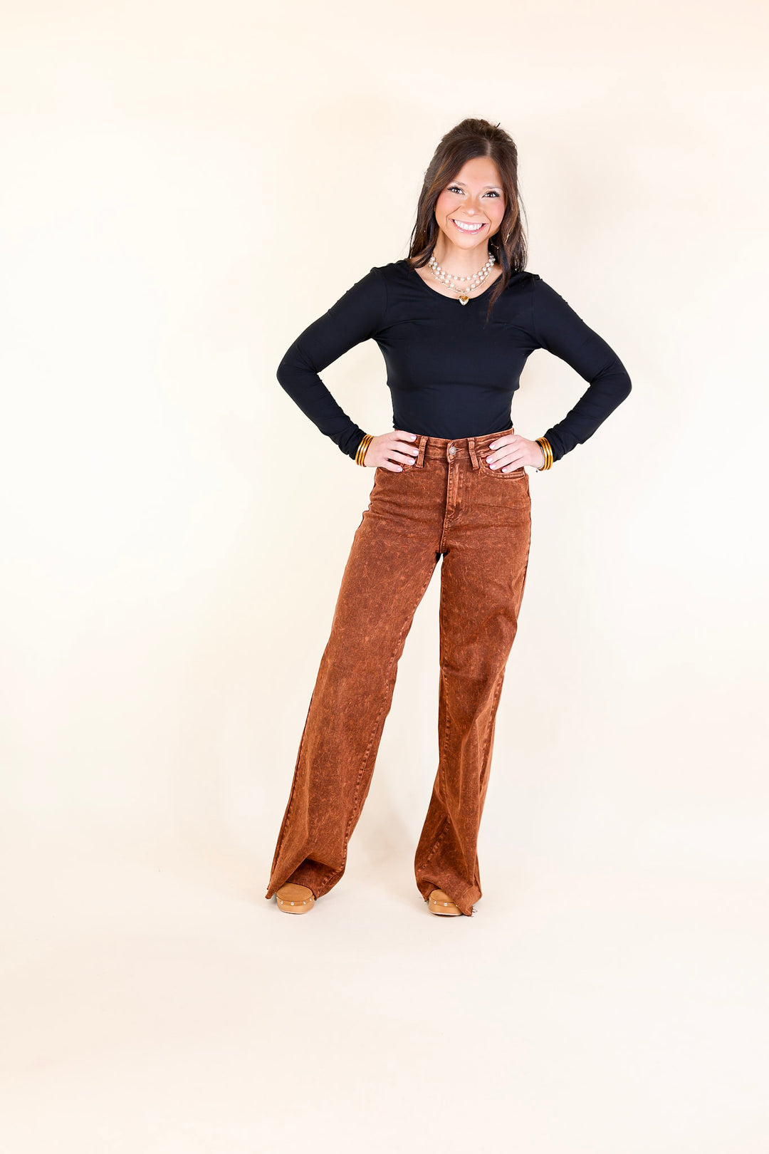 Judy Blue | Harvest Hues Garment Dyed Wide Leg Jean with Raw Hem in Pumpkin Spice Brown