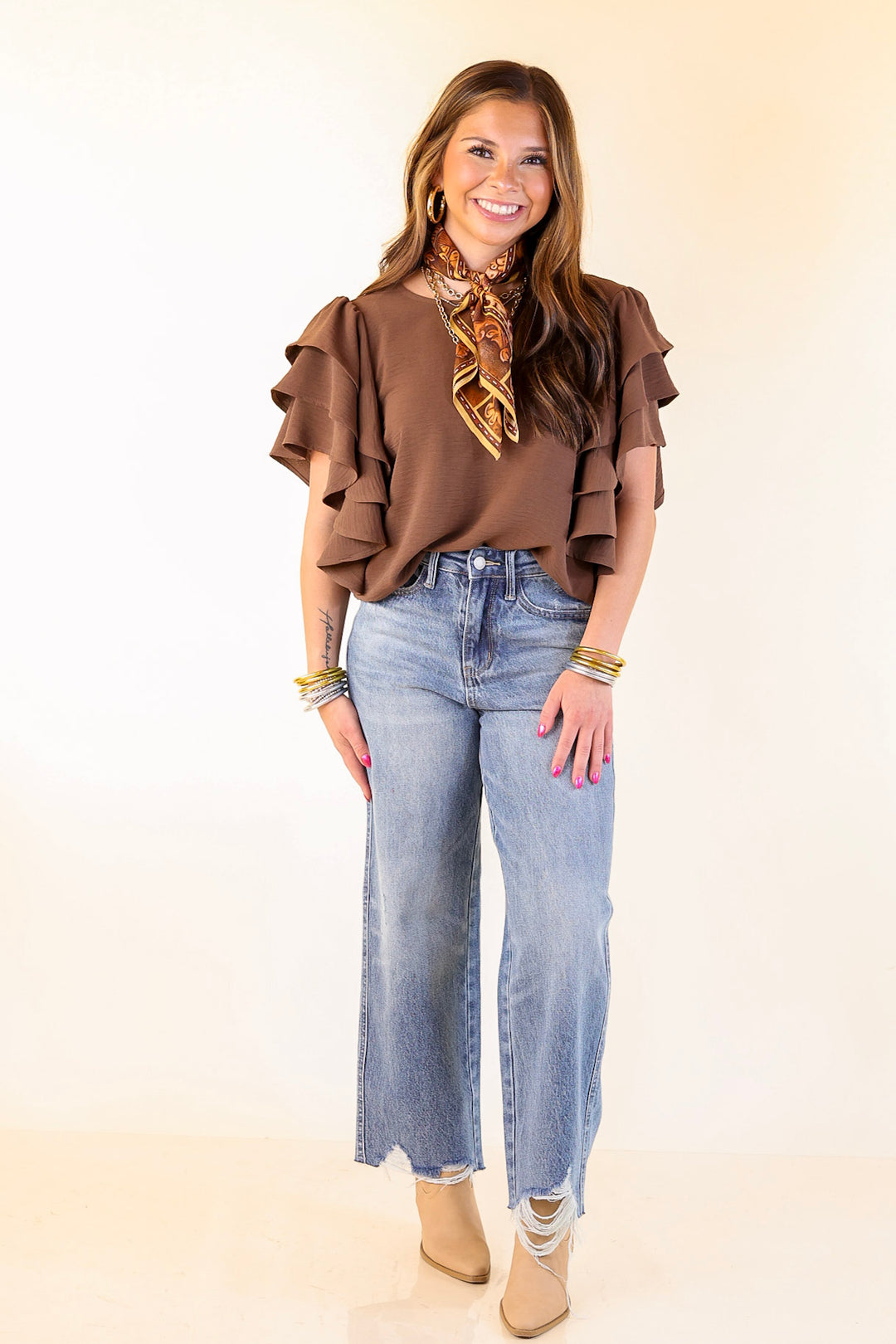 Turning Heads Multi-Tiered Ruffle Cap Sleeve Top in Chocolate Brown