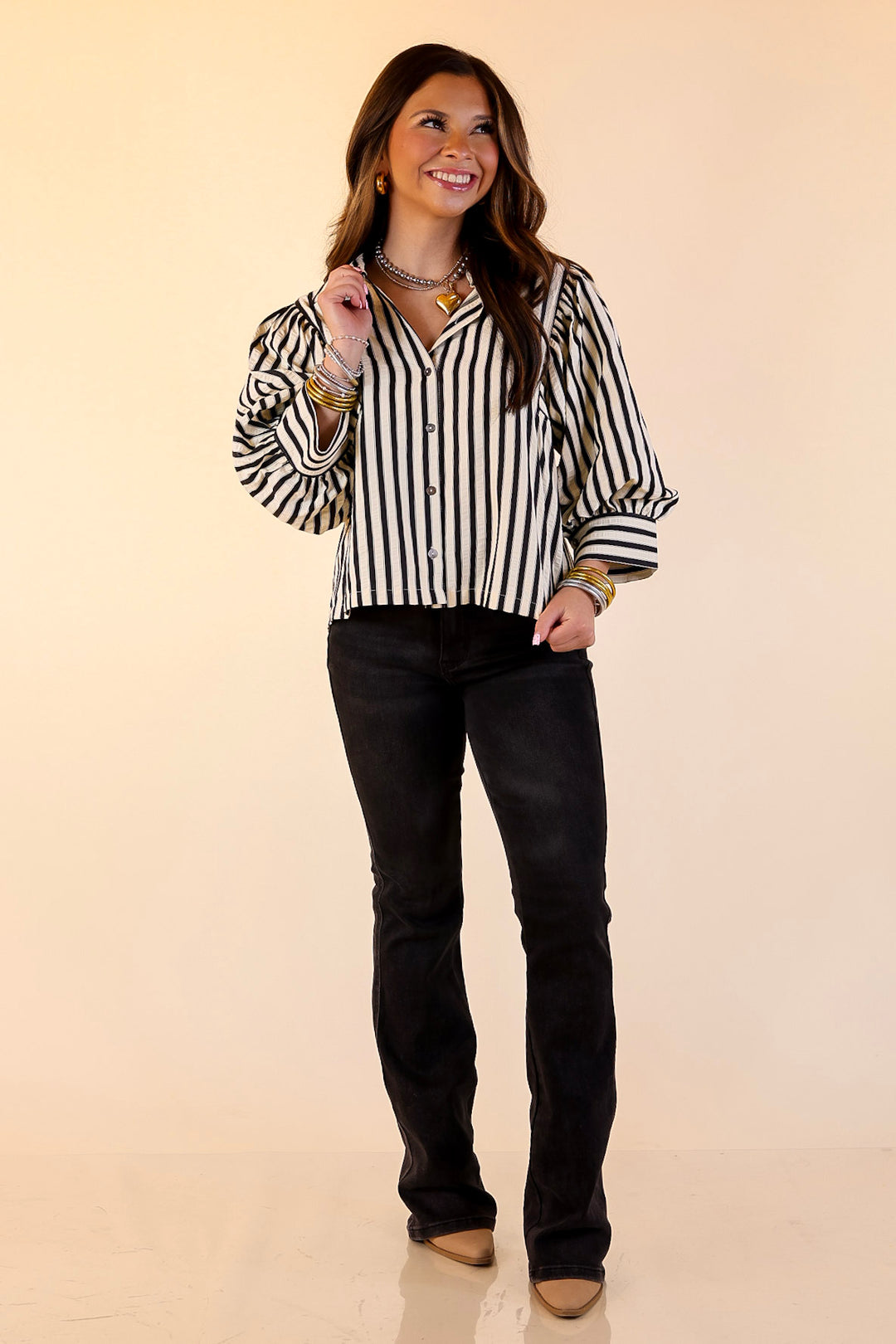 The Bold Type Striped Long Sleeve Button-Up Top in White with Black Stripes