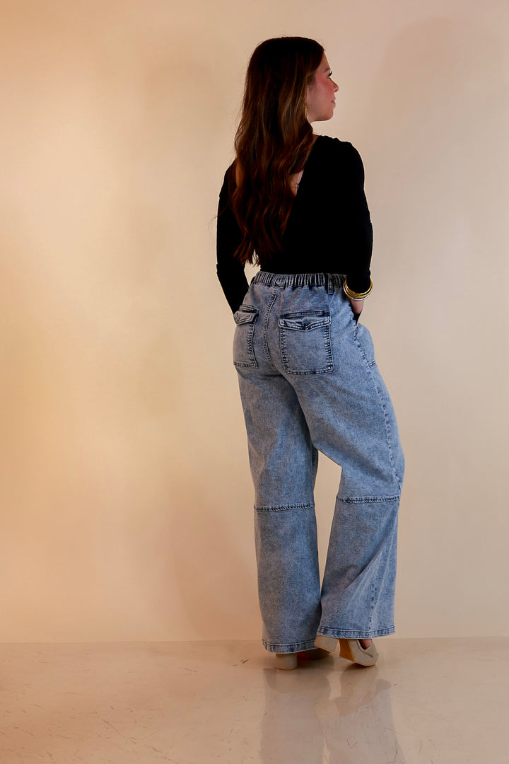 Simply Southern | Right This Way Wide Leg Drawstring Denim Utility Jeans in Acid Wash