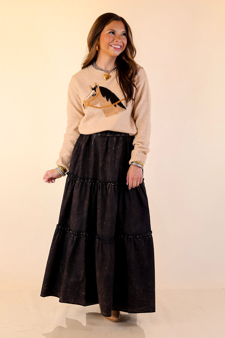 Boho Bliss Acid Wash Tiered Ruffle Maxi Skirt in Ash Black