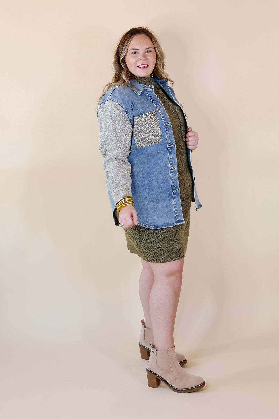 Judy Blue | Special Treat Leopard Print Block Button Up Denim Jacket in Light Wash - Giddy Up Glamour Boutique