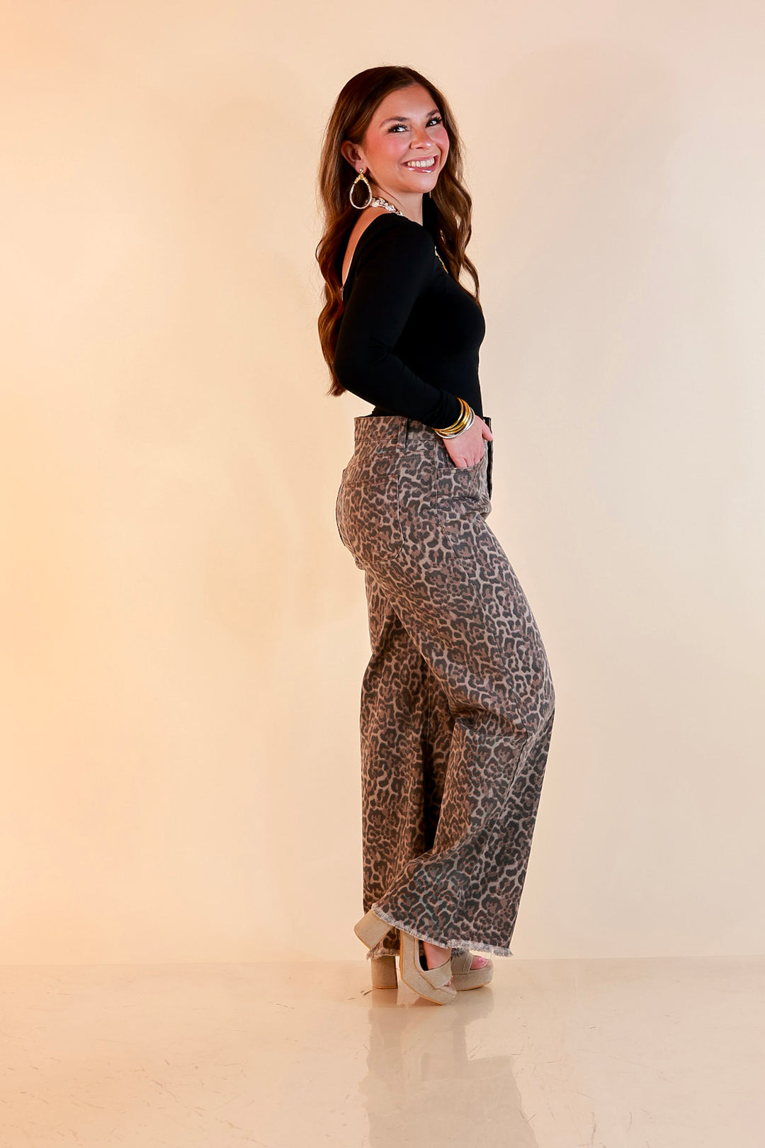 Simply Southern | Cool Statement Wide Leg Cropped Denim Jeans with Fray Hem in Leopard Print