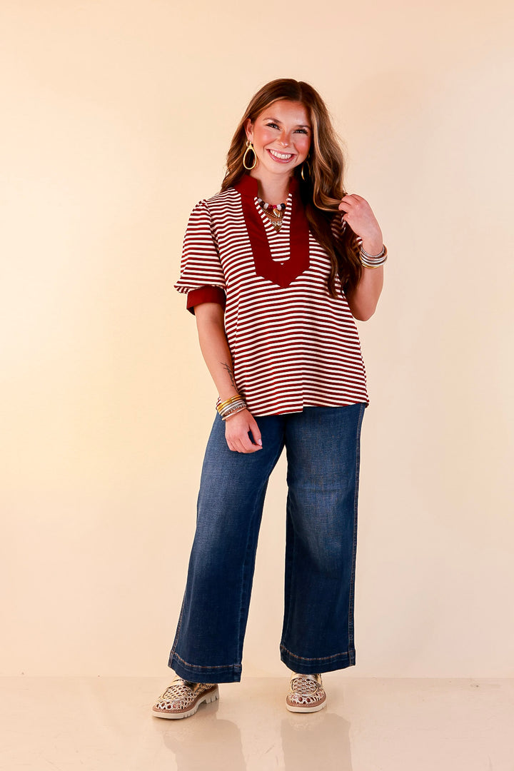 Confidently Yours Short Sleeve Contrast Trim Striped Top in Maroon and Cream