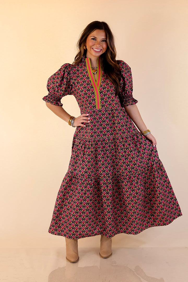 Vibrant Vision Floral Print Maxi Dress with Puff Sleeves and Contrast Trim in Black