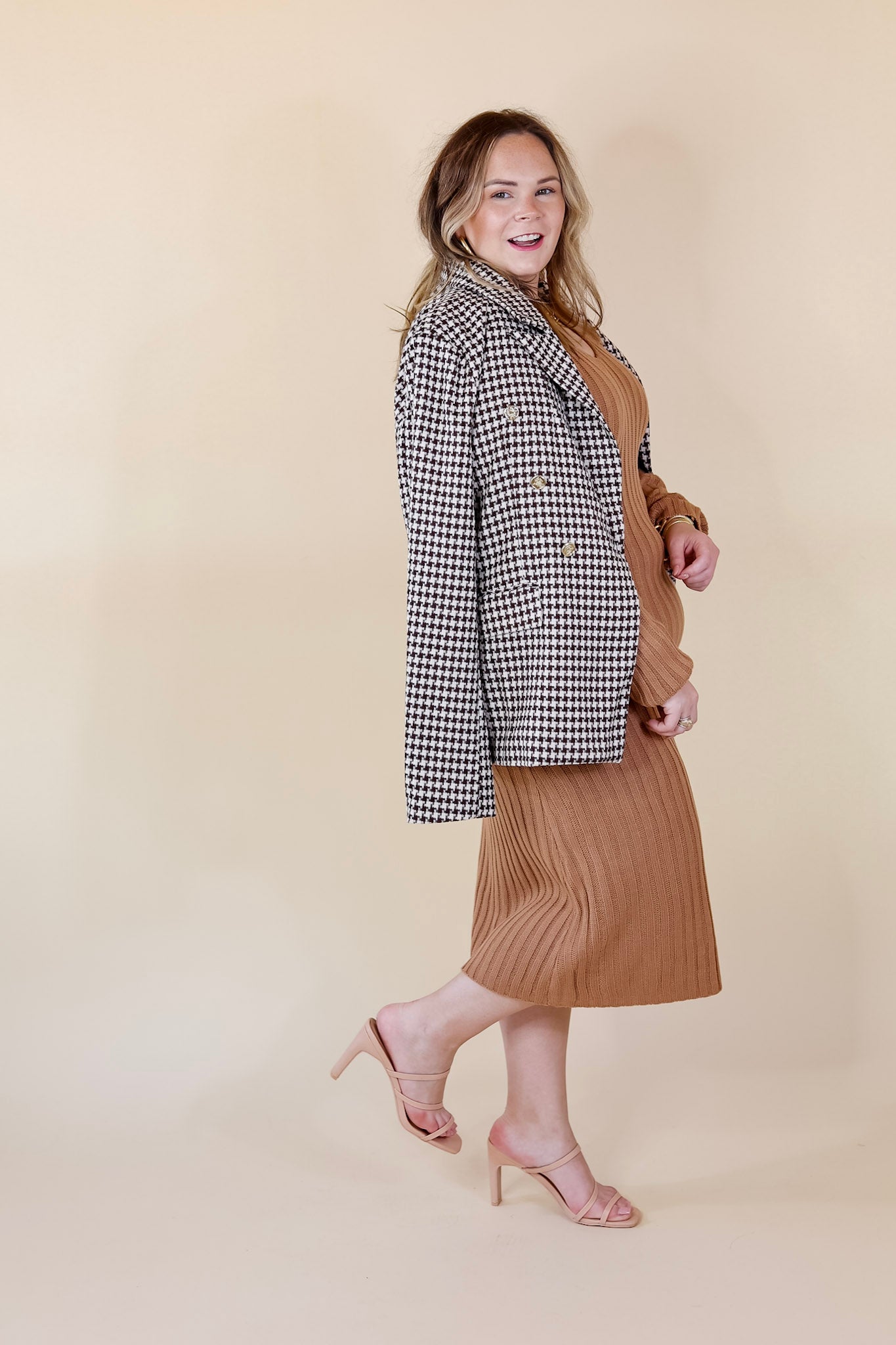 Shot Of Espresso Houndstooth Blazer with Gold Buttons in Brown - Giddy Up Glamour Boutique