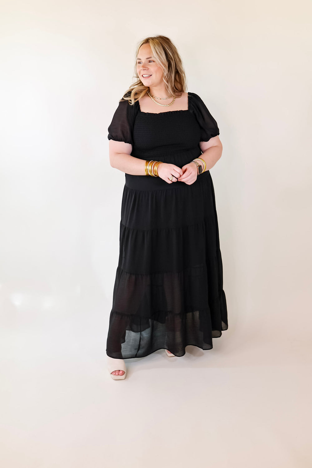 Honeysuckle Love Tiered Maxi Dress with Smocked Bodice in Black - Giddy Up Glamour Boutique