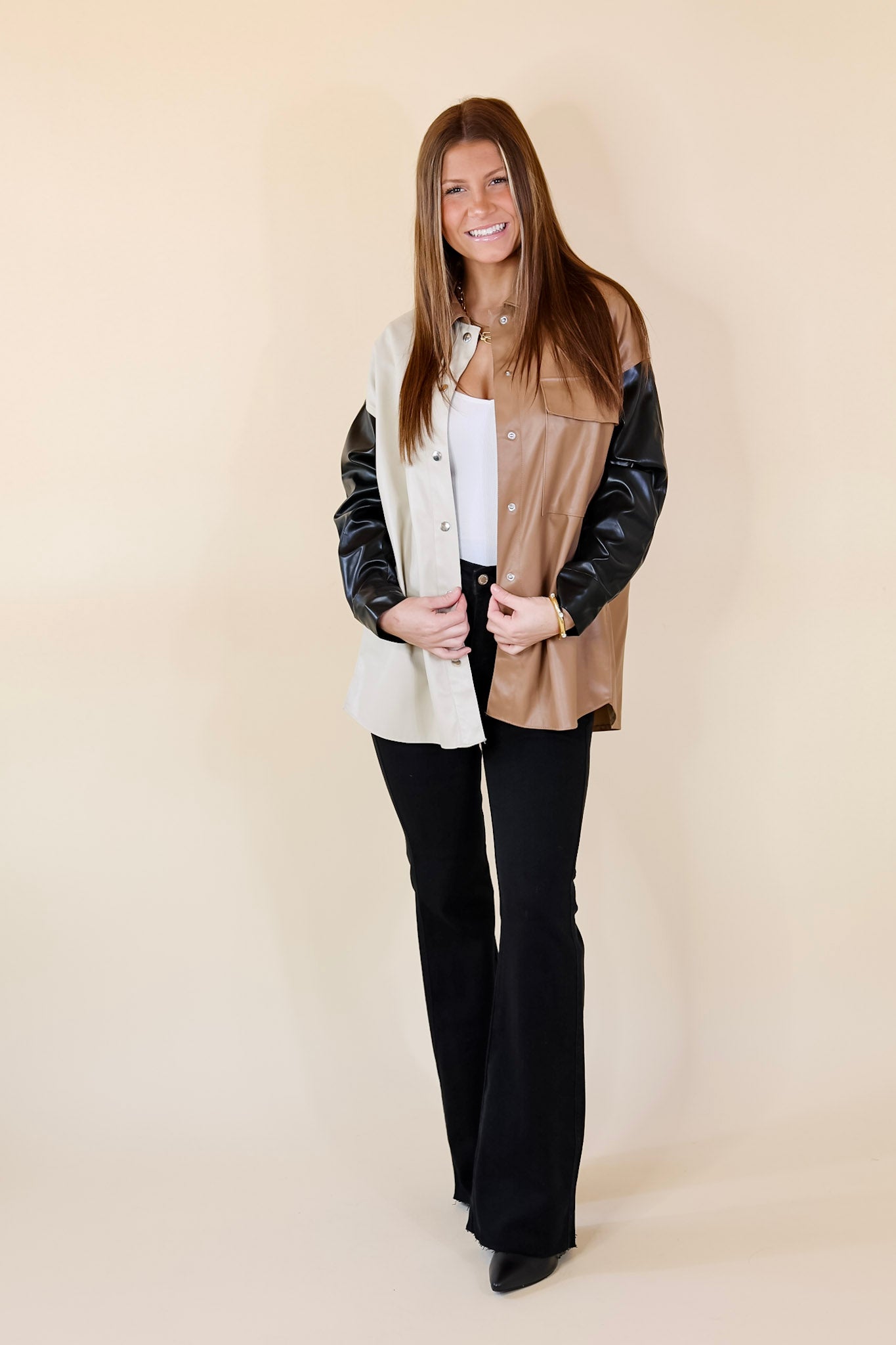 Autumn Event Faux Leather Color Block Shacket in Black Mix - Giddy Up Glamour Boutique