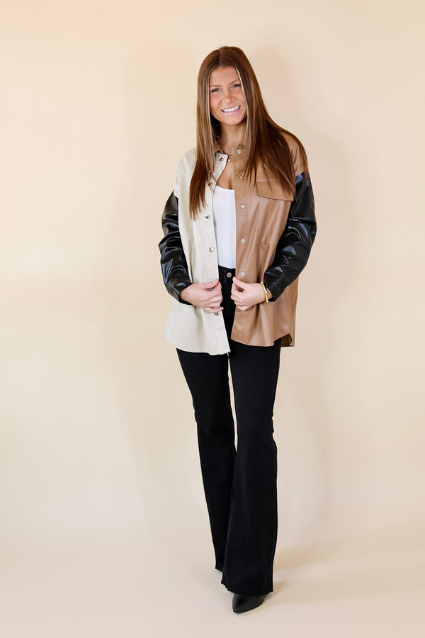 Autumn Event Faux Leather Color Block Shacket in Black Mix