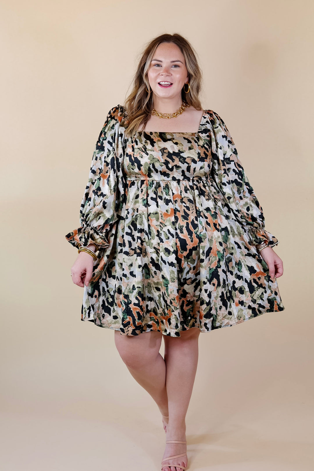Feeling Fine Satin Watercolor Print Dress with 3/4 Sleeves in Olive Mix - Giddy Up Glamour Boutique