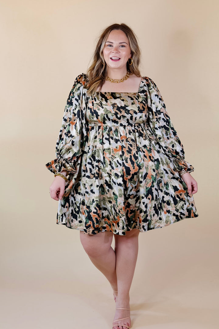 Feeling Fine Satin Watercolor Print Dress with 3/4 Sleeves in Olive Mix - Giddy Up Glamour Boutique