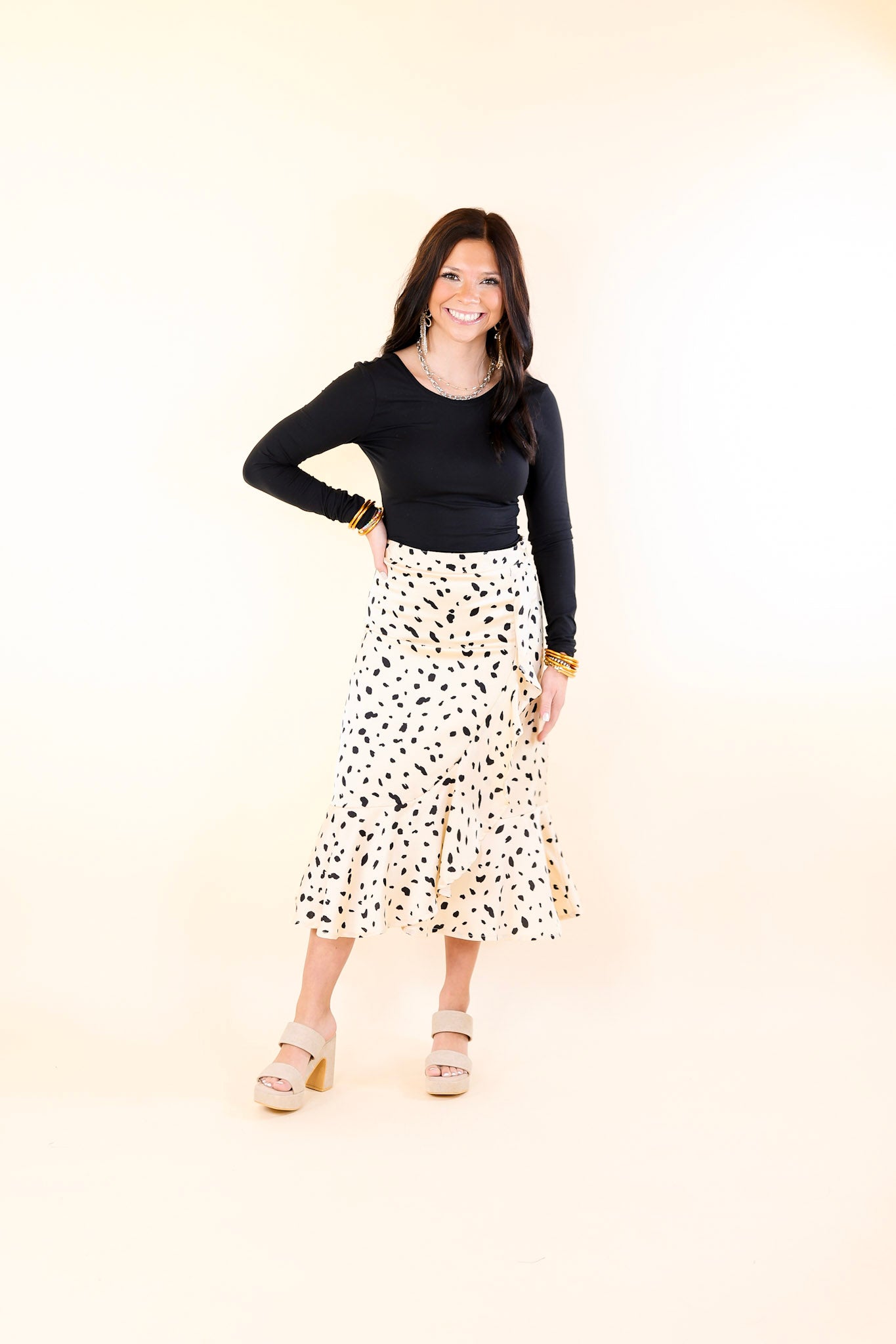 Lovely in L.A. Black Dotted Ruffle Wrap Midi Skirt in Beige