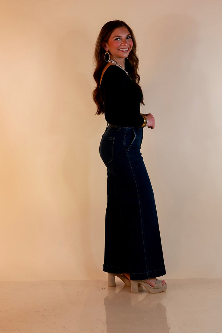 Judy Blue | Chic in Motion Ankle Length Cropped Wide Leg Trouser Denim Jeans in Dark Wash