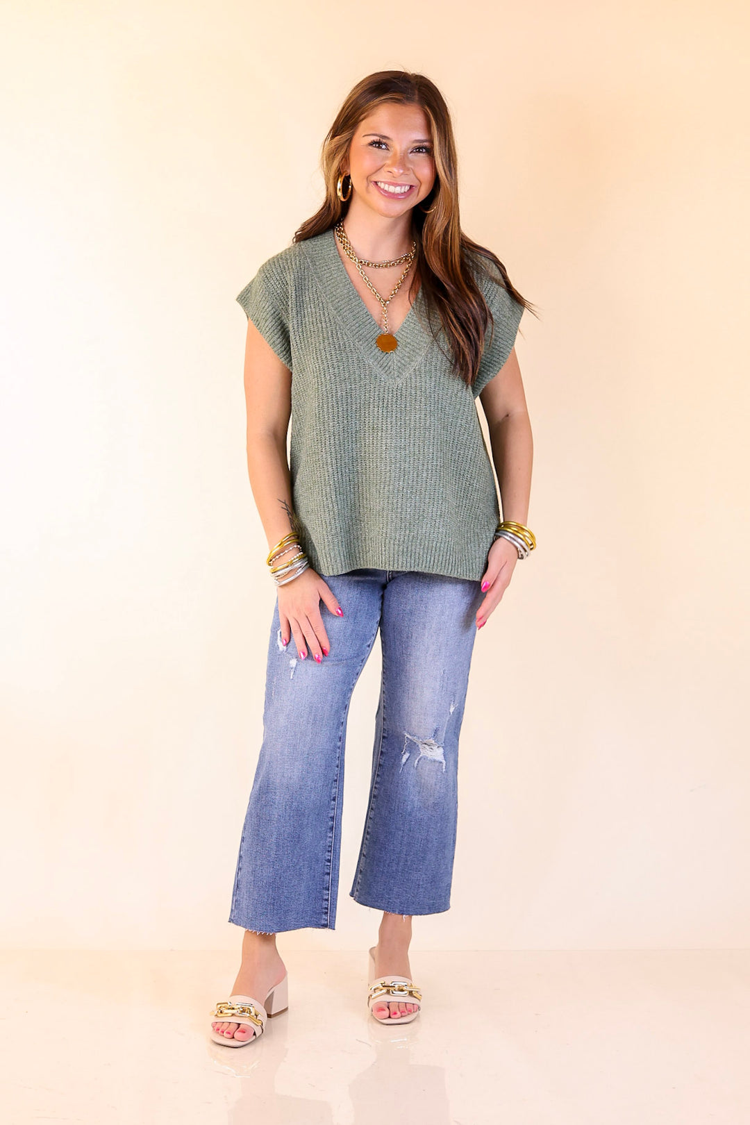 Fall For You Textured V-Neck Oversized Knit Sweater Vest Top in Olive Green