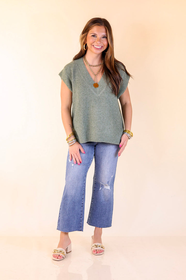 Fall For You Textured V-Neck Oversized Knit Sweater Vest Top in Olive Green