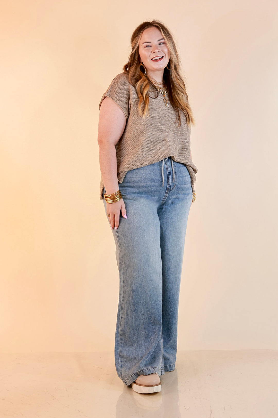 Judy Blue | Easy Does It Wide Leg Palazzo Featherweight Elastic Waistband Jeans in Medium Wash