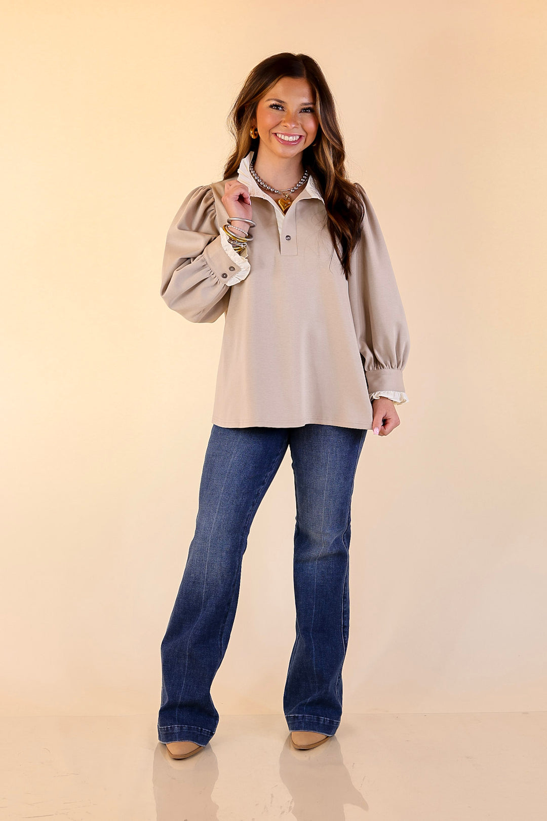 Refined Edge Puff 3/4 Sleeve Top with Collar Detailing in Sand