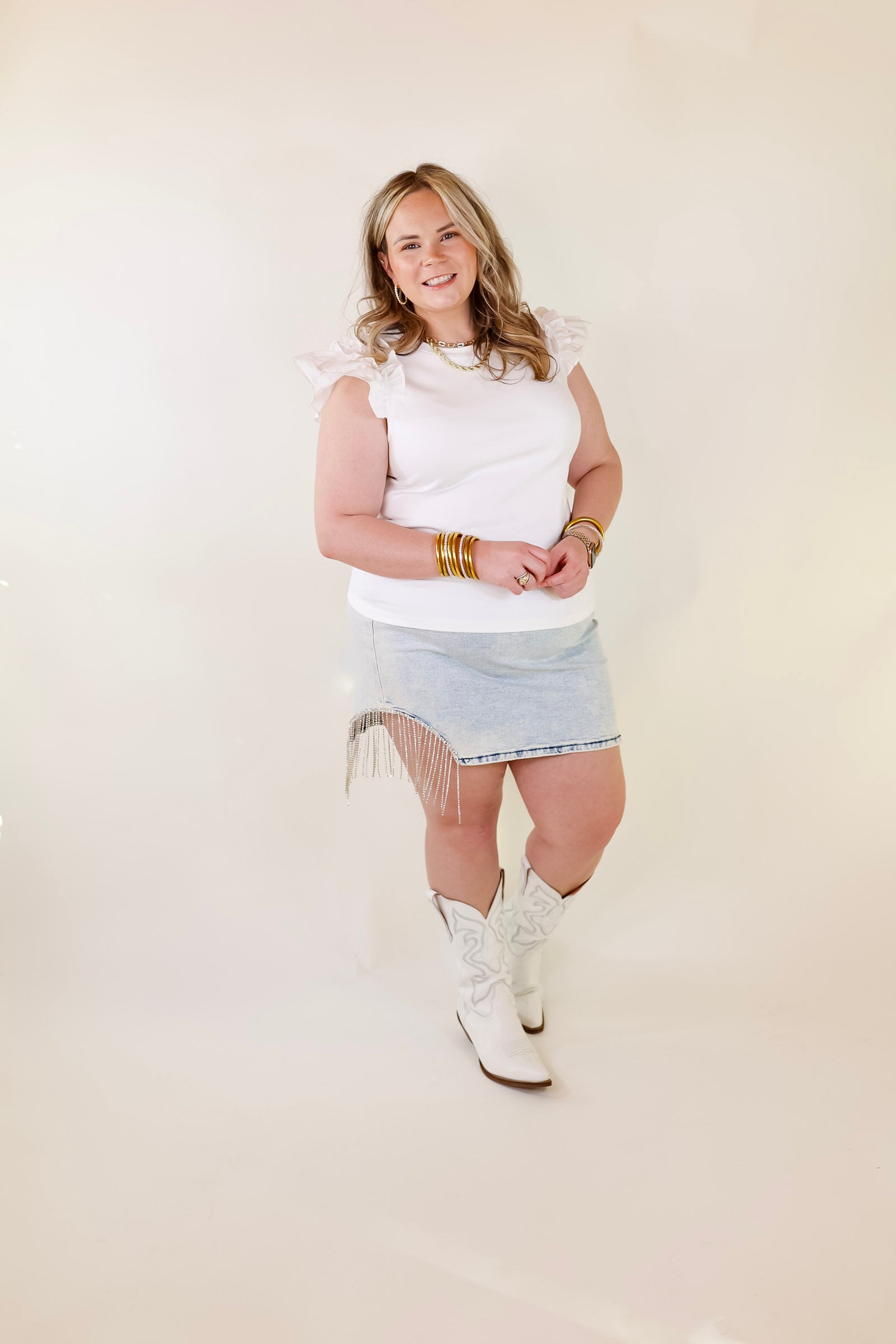 Born To Be Stylish Solid Top with Ruffle Cap Sleeves in Ivory - Giddy Up Glamour Boutique