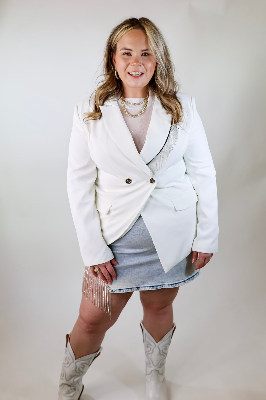 Classic Reimagined Blazer with Silver Fringe in White - Giddy Up Glamour Boutique