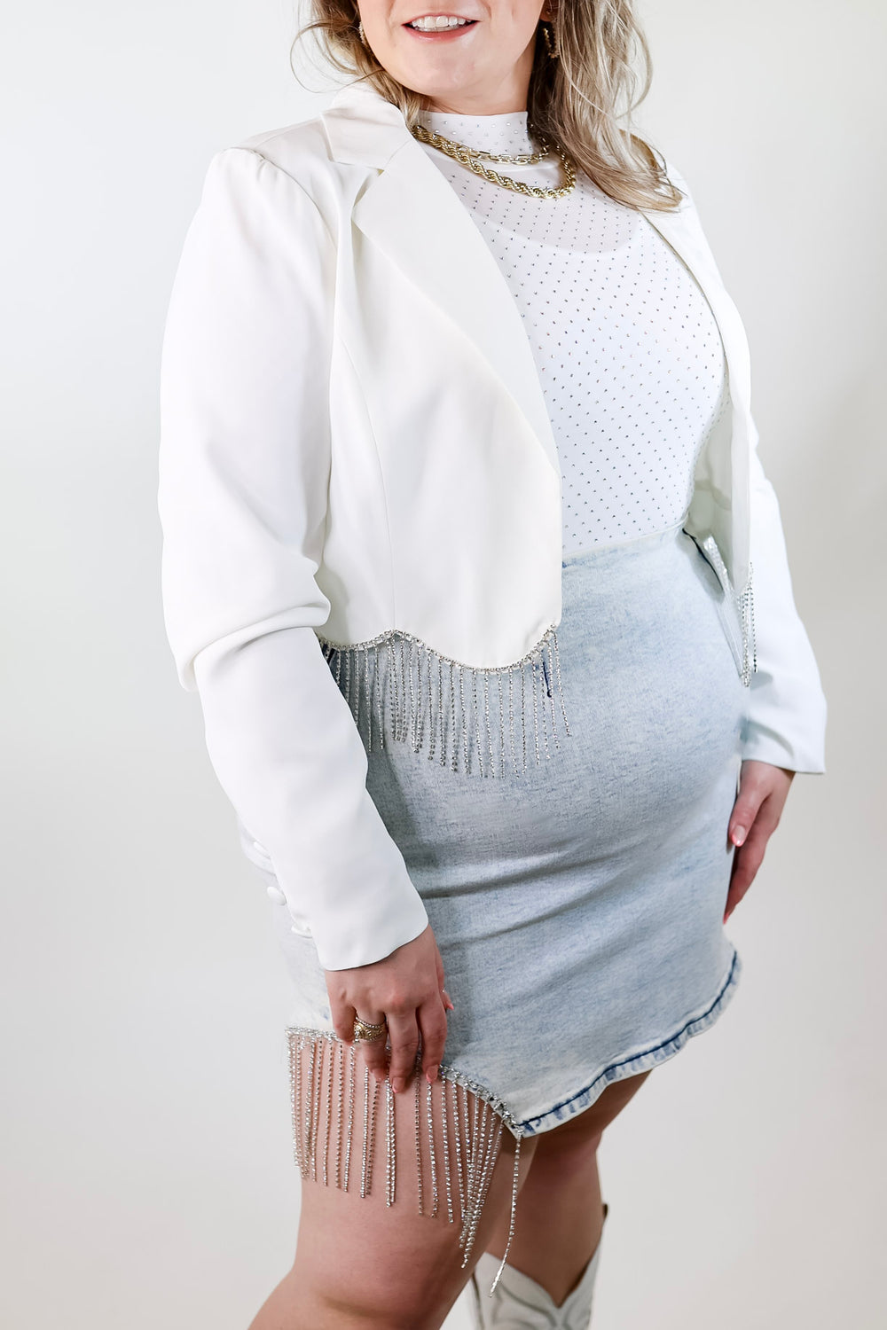 Time For Magic Cropped Blazer with Crystal Fringe Trim in White - Giddy Up Glamour Boutique