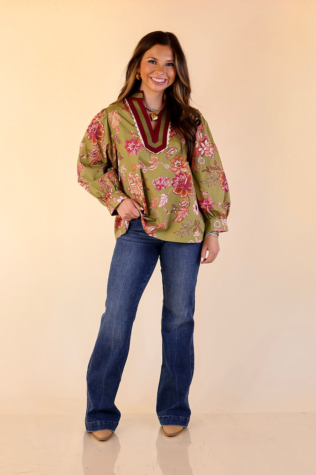 Autumn Allure Floral Long Sleeve Top with Contrast Trim in Olive Green