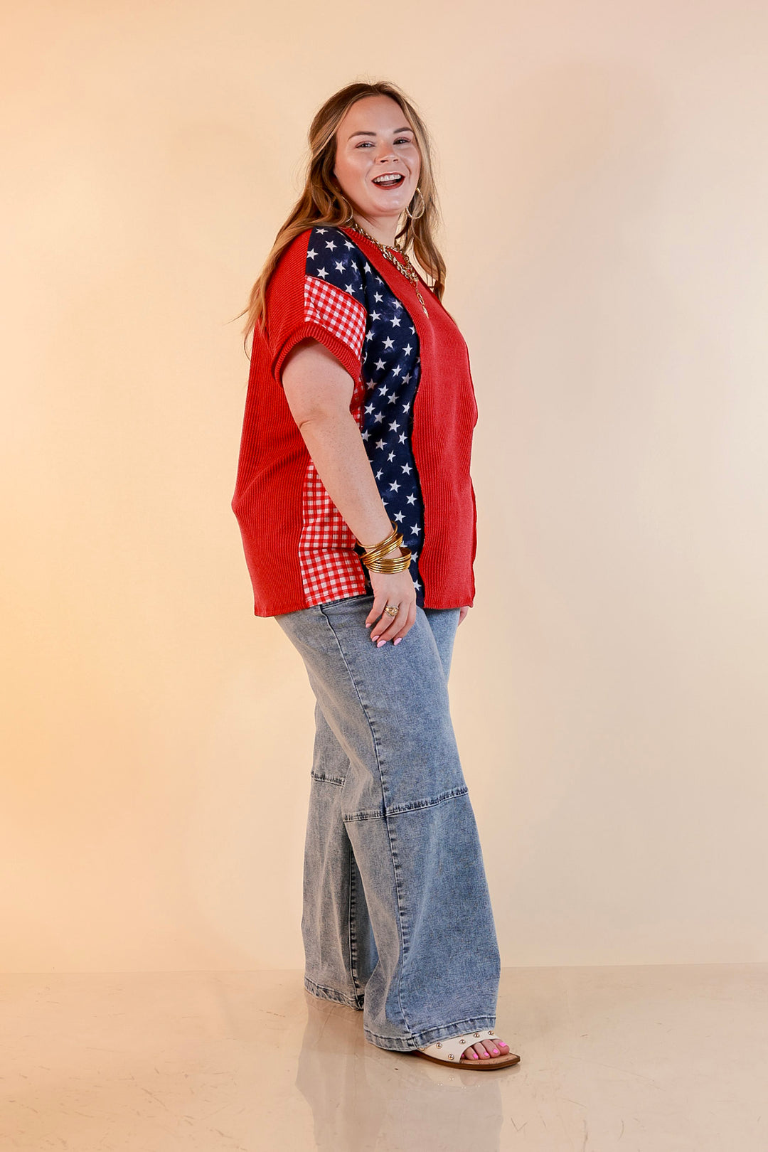 Make Your Mark Ribbed Scoop Neck Mixed Print Short Sleeve Top with Star and Gingham Detailing in Red