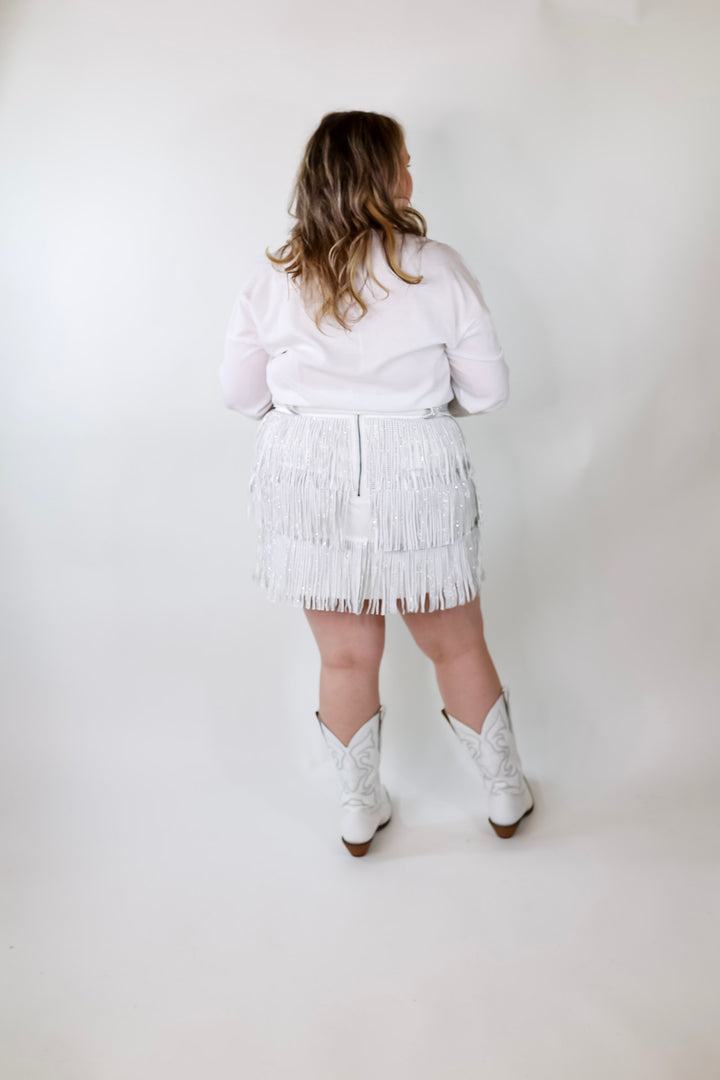 All That Shimmers Crystal Fringe Button Up Top with Long Sleeves in White - Giddy Up Glamour Boutique