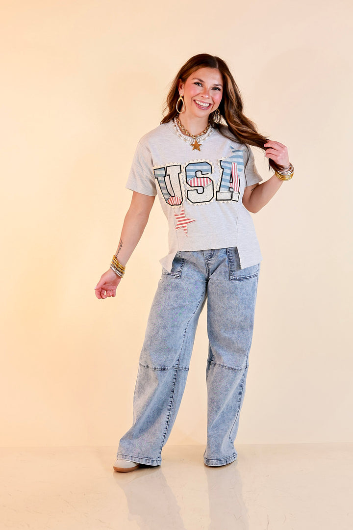 Simply Southern | All American Charm Lace Trim USA Patchwork Split Hem Graphic Tee in Heather Grey