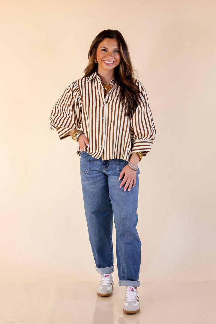 The Bold Type Striped Long Sleeve Button-Up Top in White with Chocolate Brown Stripes