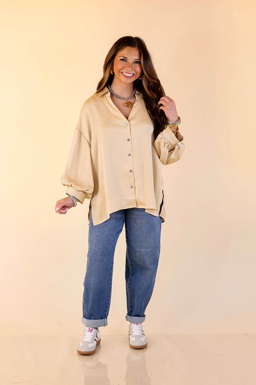 Sweet Notion Button Up 3/4 Balloon Sleeve Top in Gold