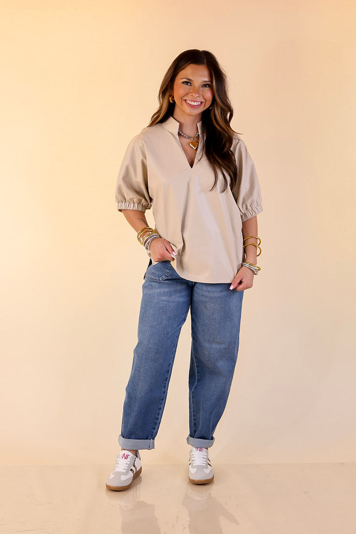 Effortlessly Cool Faux Leather Top with Short Balloon Sleeves in Ivory