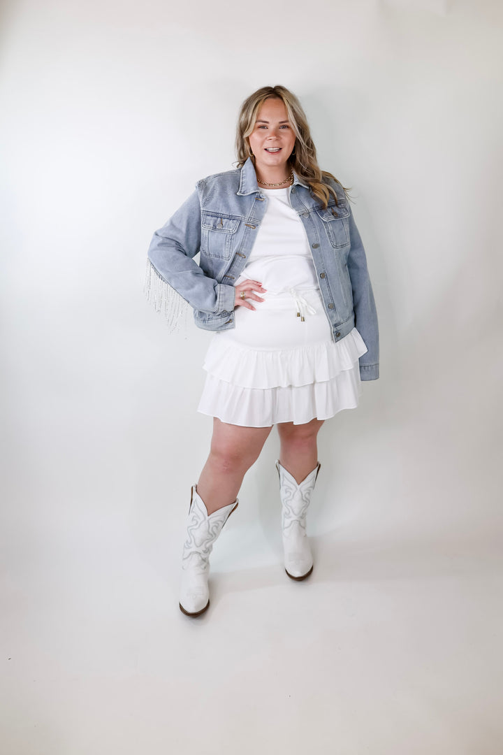 Like a Diamond Crystal Fringe Button Up Denim Jacket in Light Wash - Giddy Up Glamour Boutique