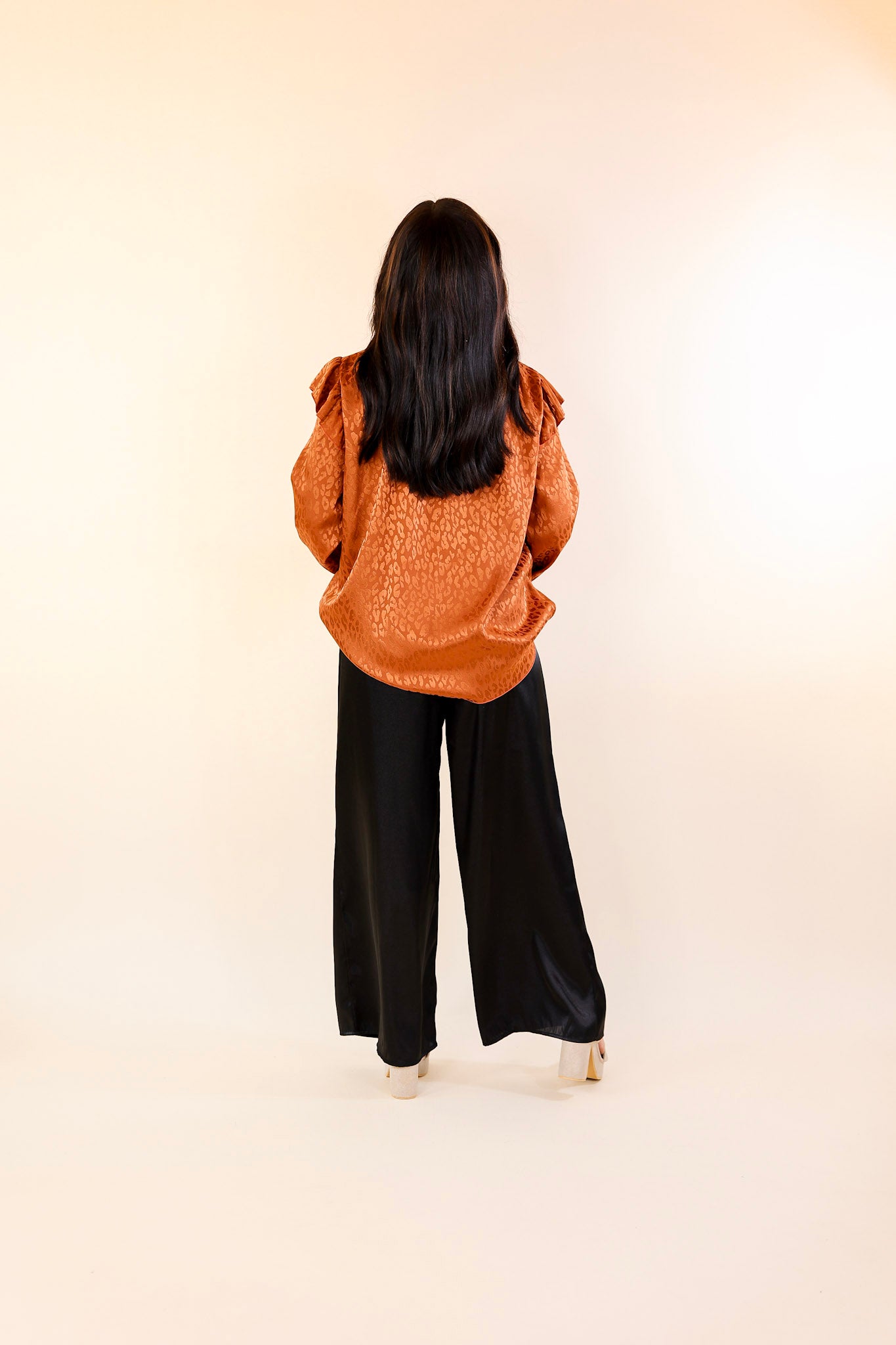 Can't Stop Me Ruffle Mock Neck Long Sleeve Leopard Print Satin Top in Rust Orange