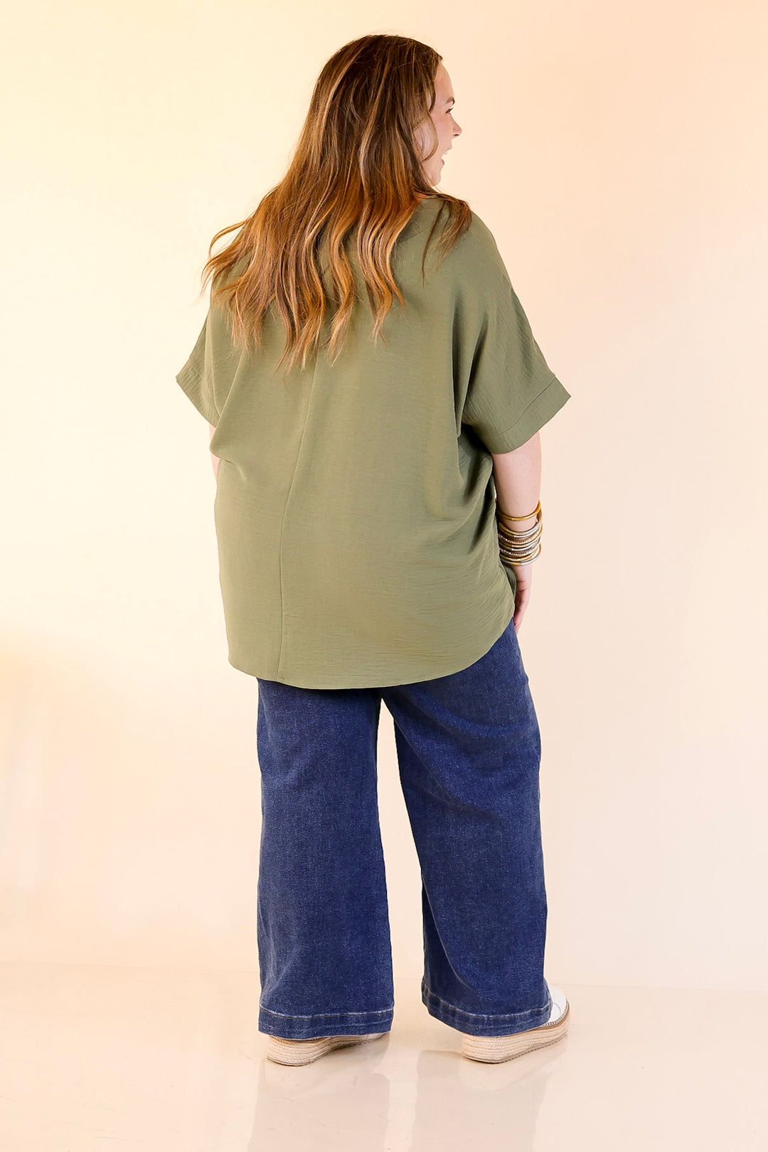 Classically Chic Short Sleeve V Neck Top in Olive Green