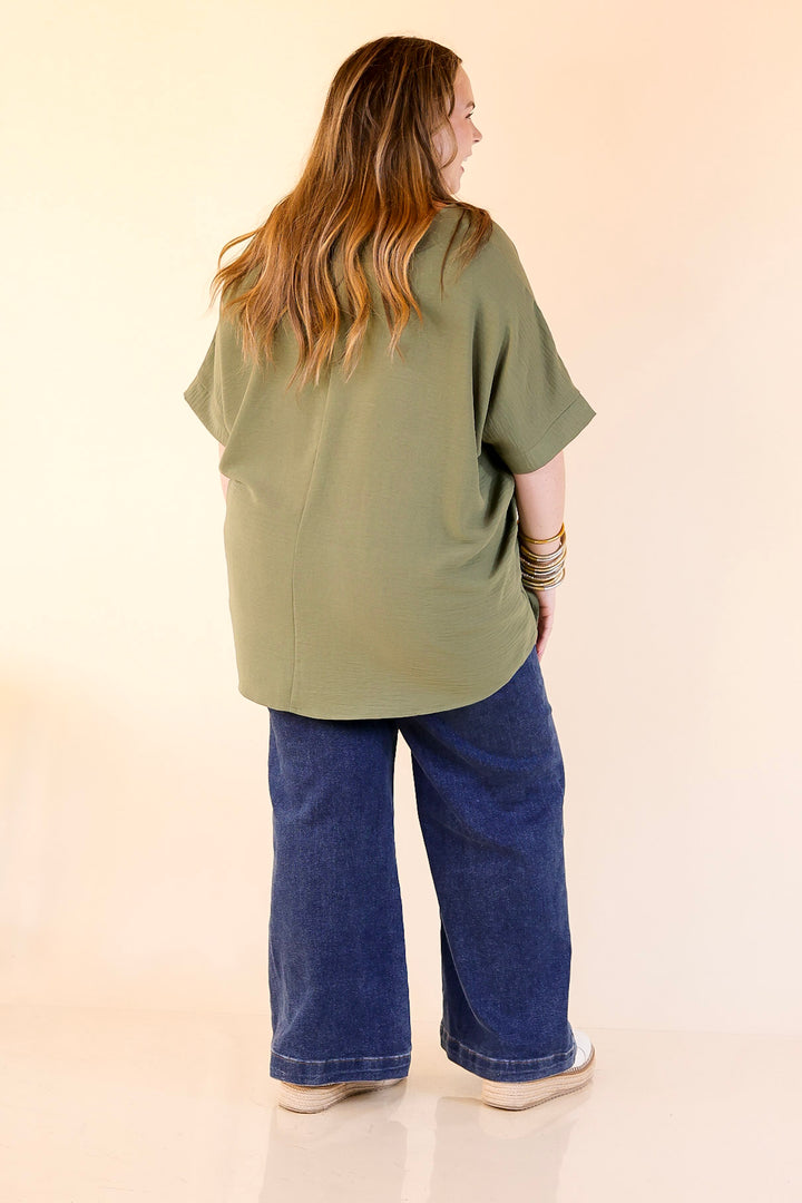 Classically Chic Short Sleeve V Neck Top in Olive Green