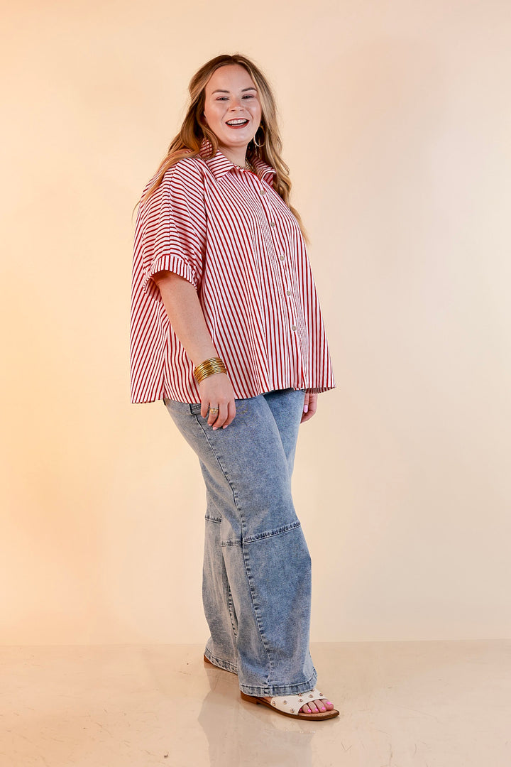 Effortlessly Aligned Button Down Collared Top with Vertical Ivory Stripe Detail in Red
