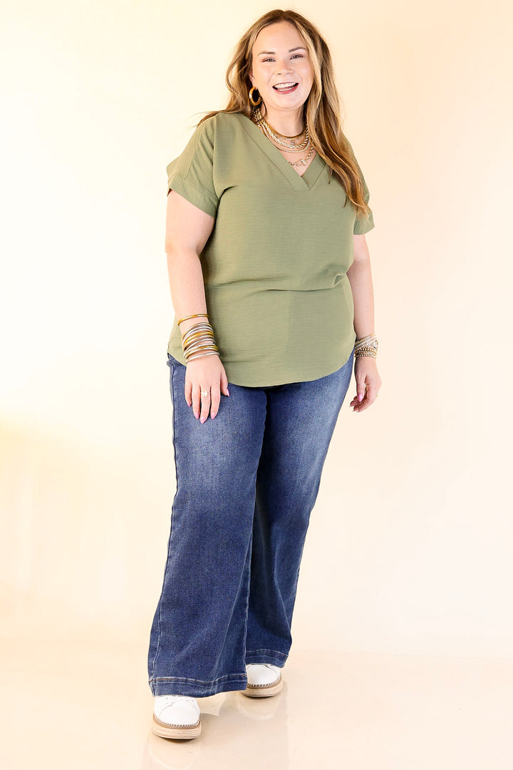 Cause To Celebrate V Neck Short Sleeve Top in Olive Green