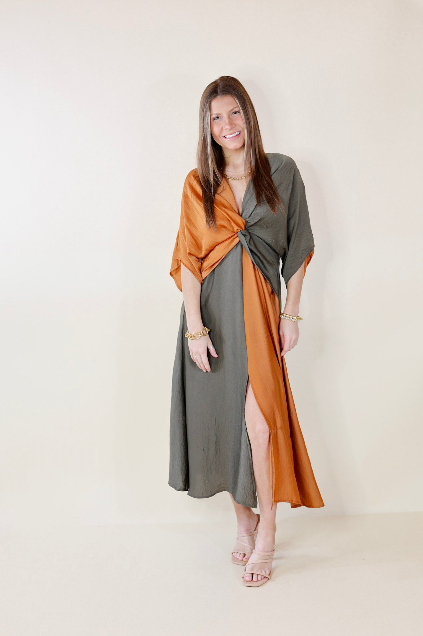 Take My Breath Away Front Knot Color Block Midi Dress in Bronze Mix - Giddy Up Glamour Boutique