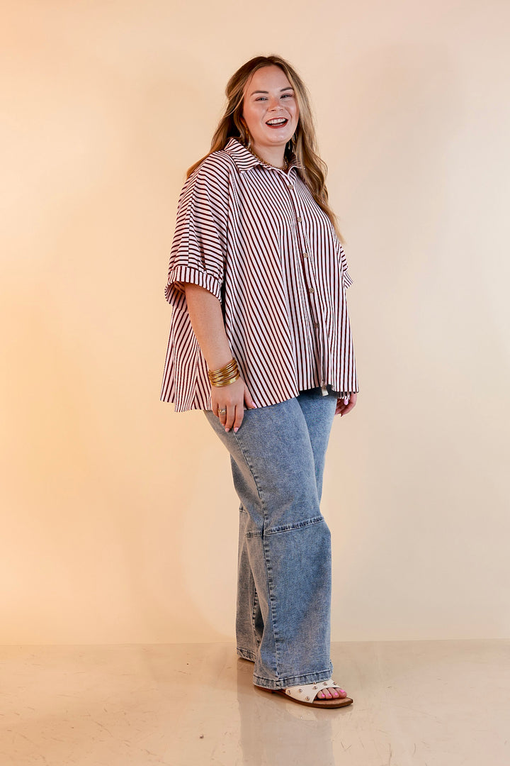 Effortlessly Aligned Button Down Collared Top with Vertical Ivory Stripe Detail in Maroon