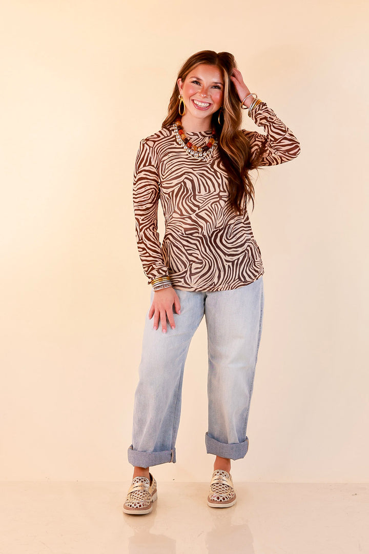 The Perfect Layer Zebra Print Sheer Mesh Long Sleeve Top in Chocolate Brown and Ivory