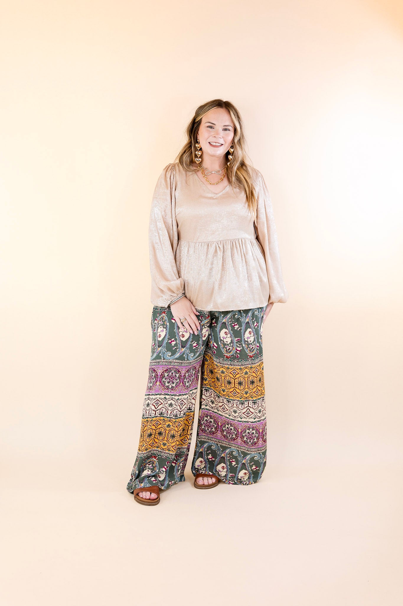 Slight Change Elastic Waist Floral Print Wide Leg Palazzo Pants in Green Mix