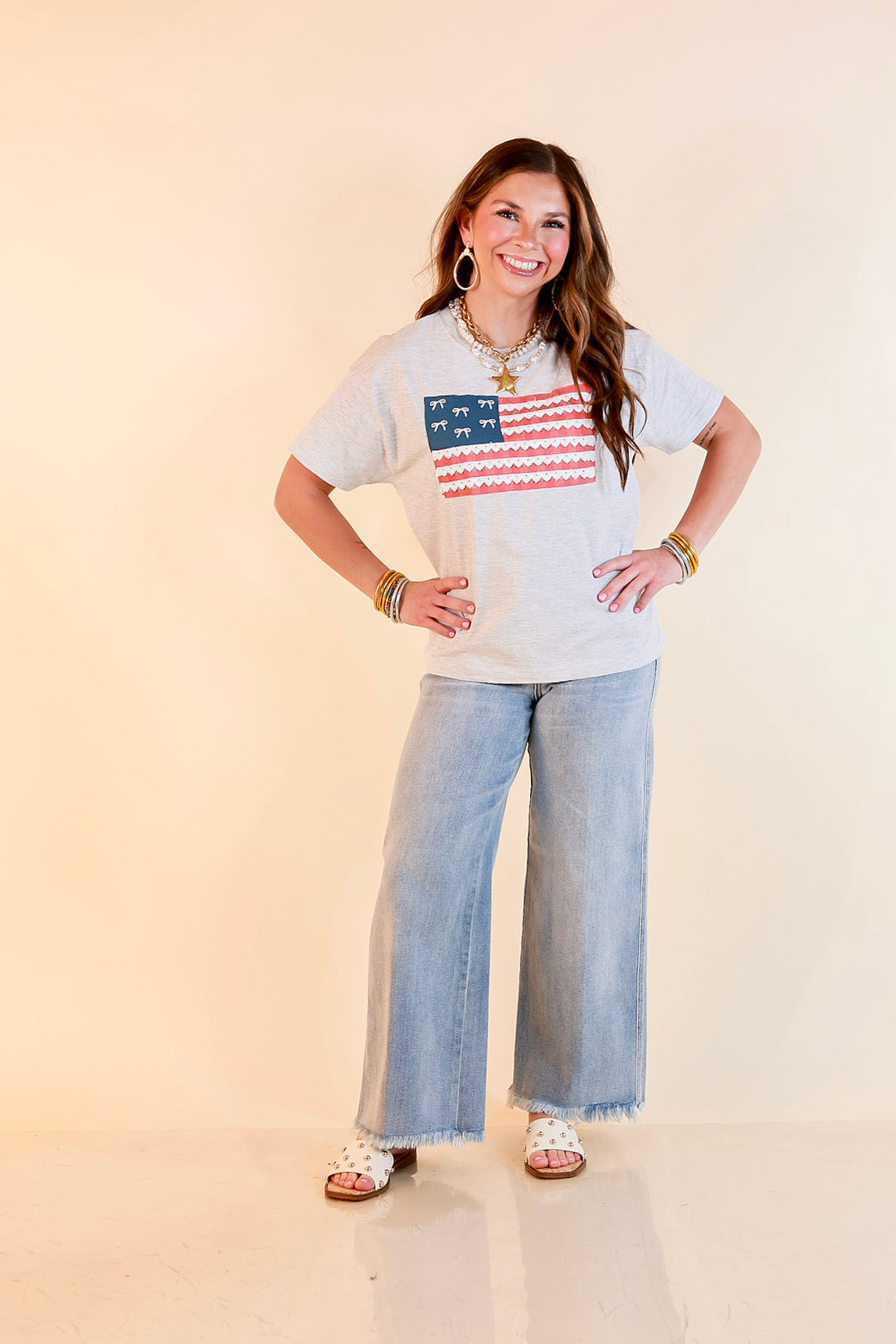 Simply Southern | American It Girl Short Sleeve Graphic Tee with Lace Flag Applique in Heather Grey