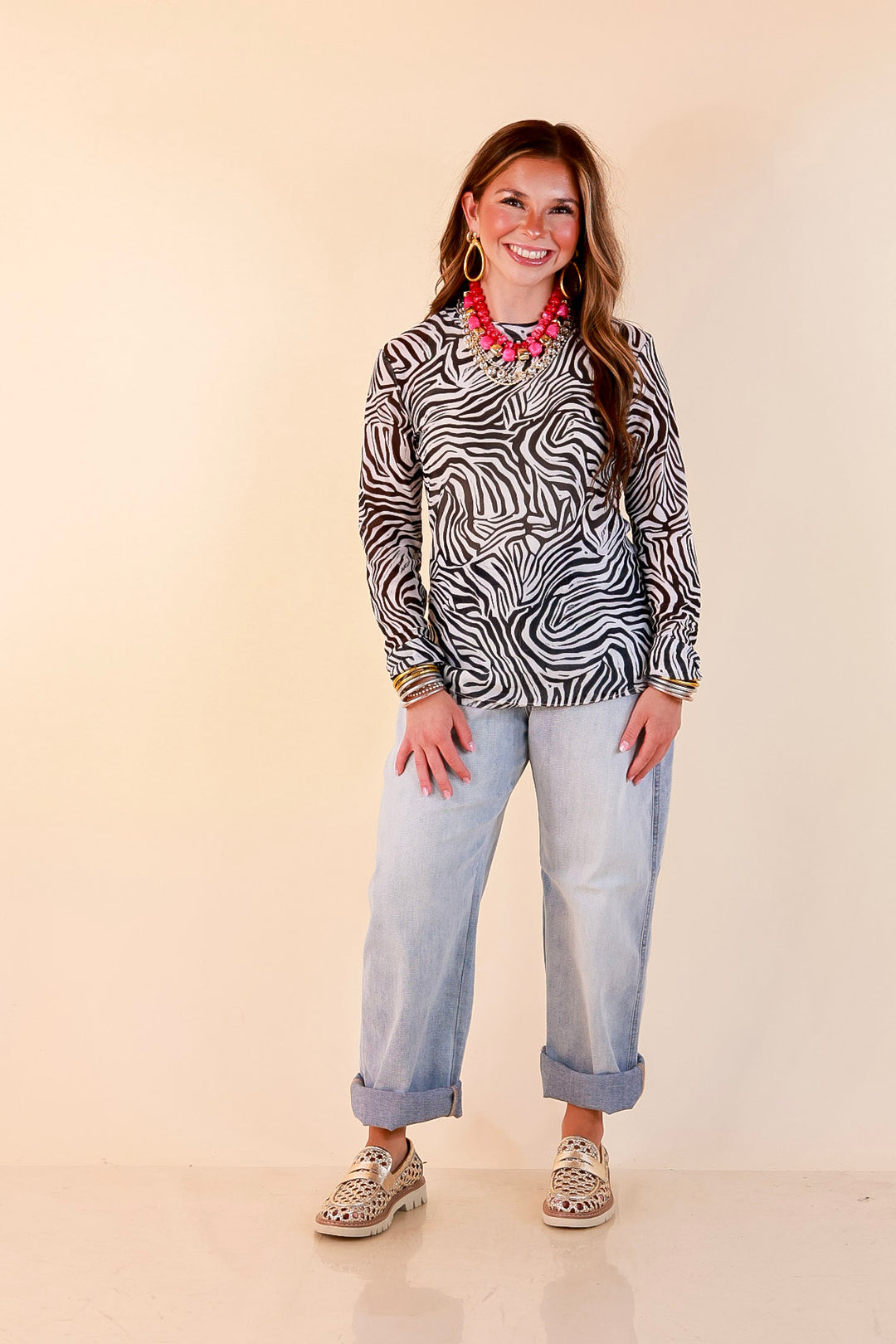 The Perfect Layer Zebra Print Sheer Mesh Long Sleeve Top in Black and White