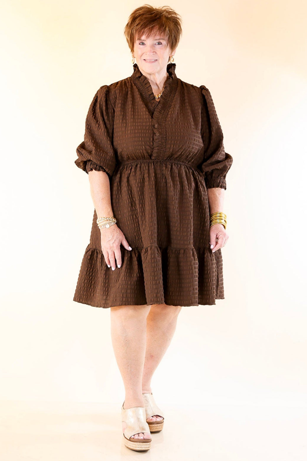 Call Me Captivating Dress with Smocked Waist and Long Sleeves Sleeves in Chocolate Brown
